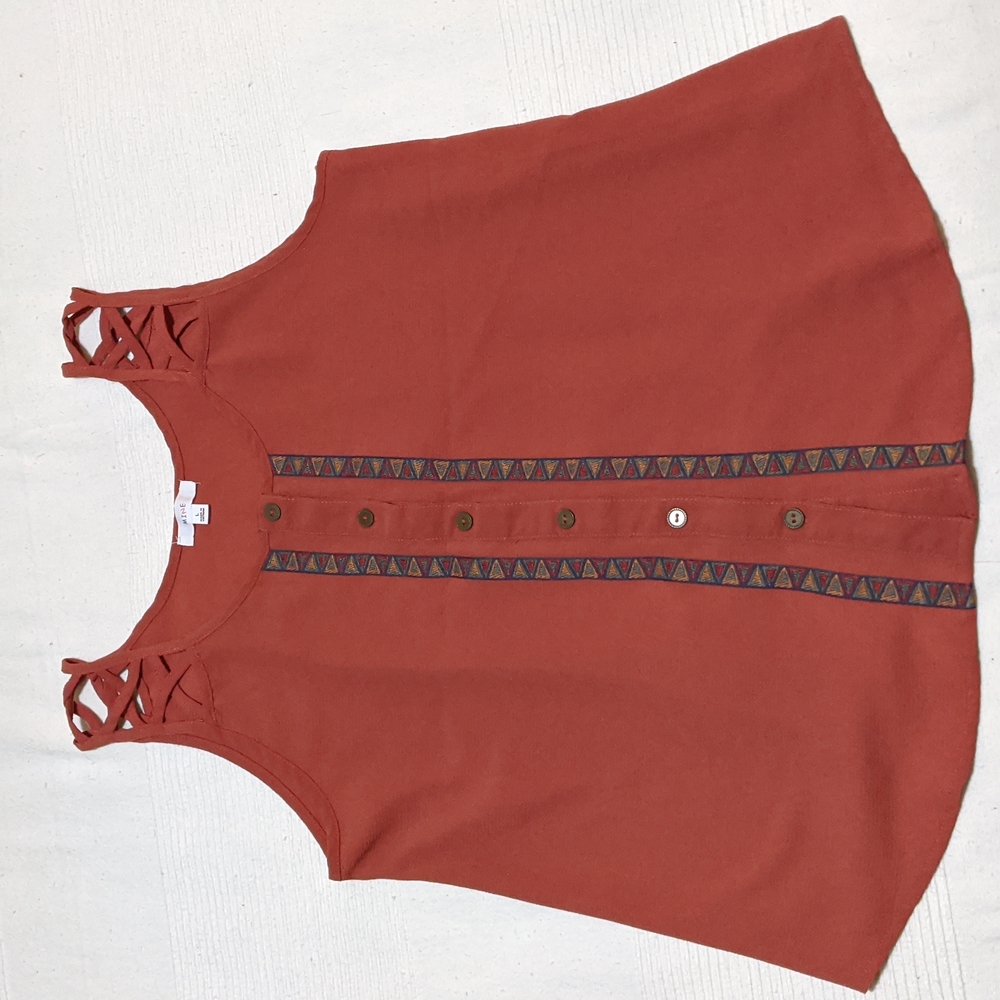 Lightly used, rust-colored sleeveless rayon top. Size Large